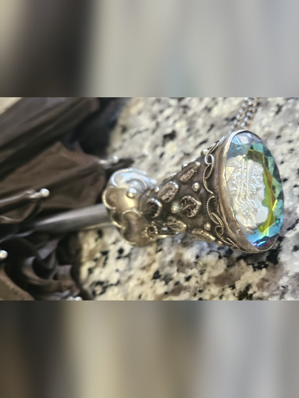 Vintage Antique Style Umbrella Ornate Silver Victorian Cameo Glass Stone Handle